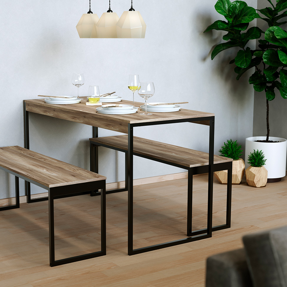 Mesa de Jantar Retangular Industrial com Tampo MDP UrbnFlex Preta e Mel 132 cm