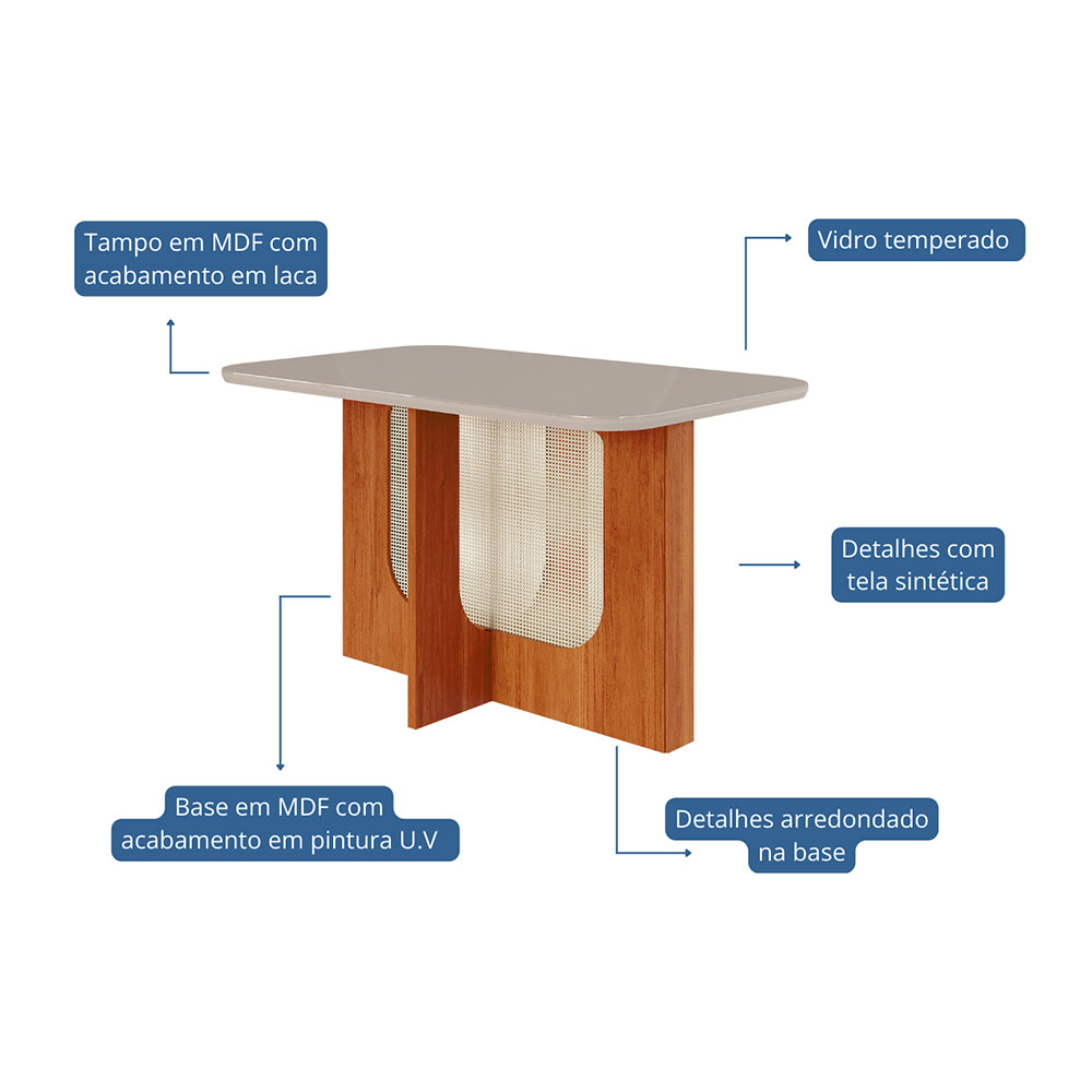 Mesa de Jantar Retangular com Tampo de Vidro Louise Cinamomo e Off White 130 cm