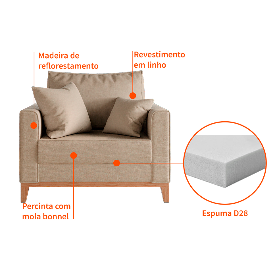 Poltrona Beny Pés e Base em Madeira Linho Cotton Bege