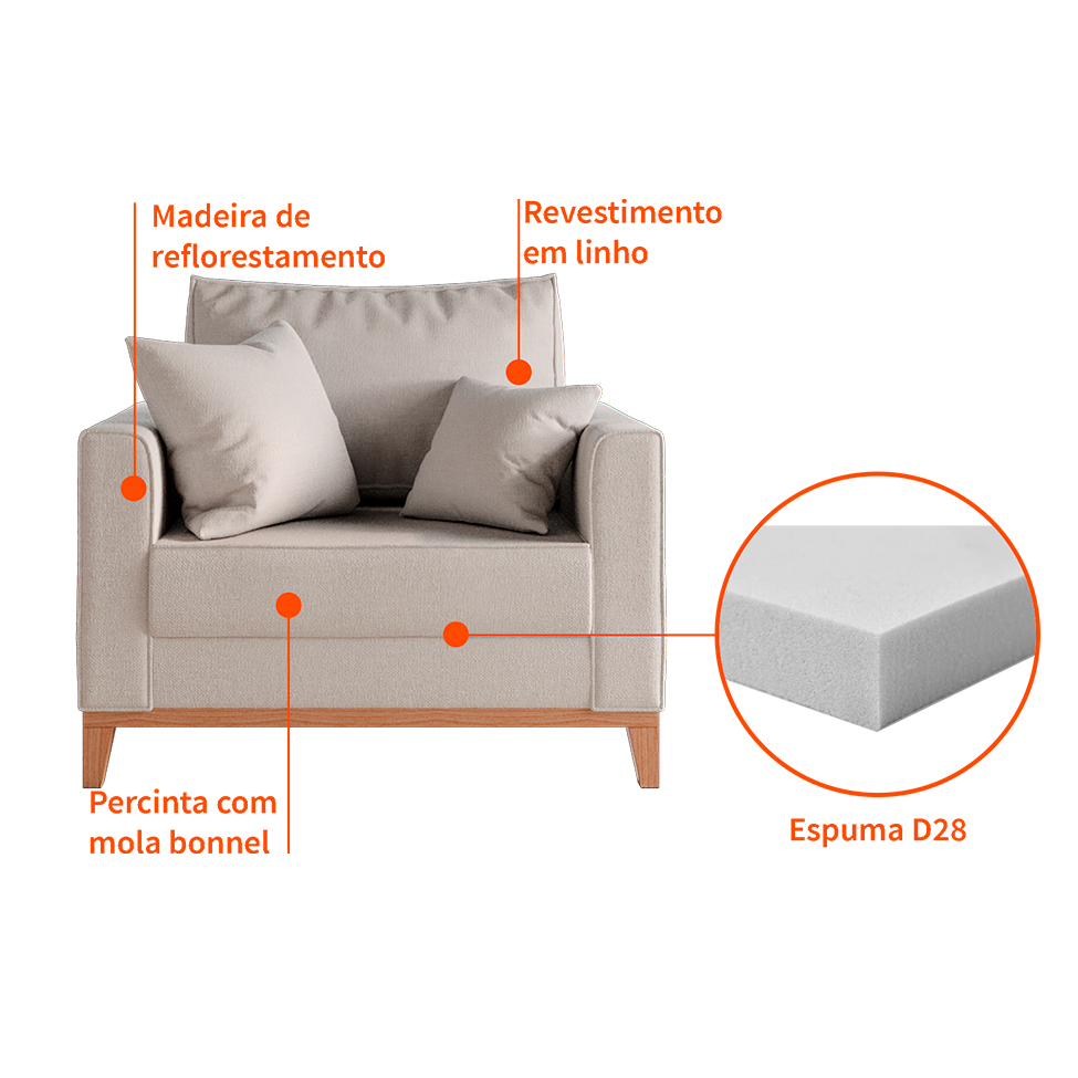 Poltrona Beny Pés e Base em Madeira Linho Cotton Cru