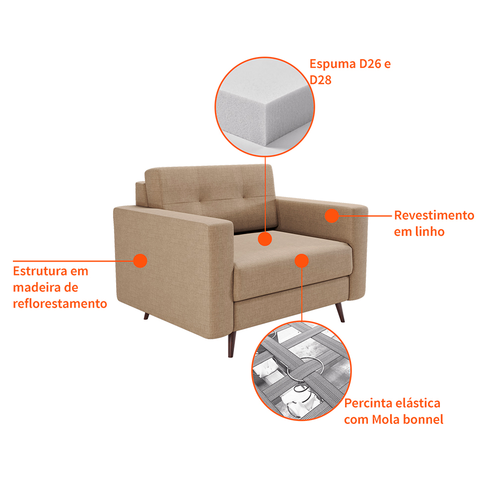 Poltrona Living Pé Palito Linho Cotton Bege