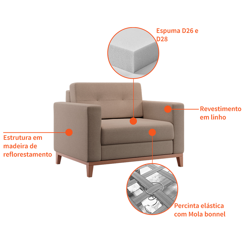 Poltrona Living Pés e Base em Madeira Linho Cotton Bege