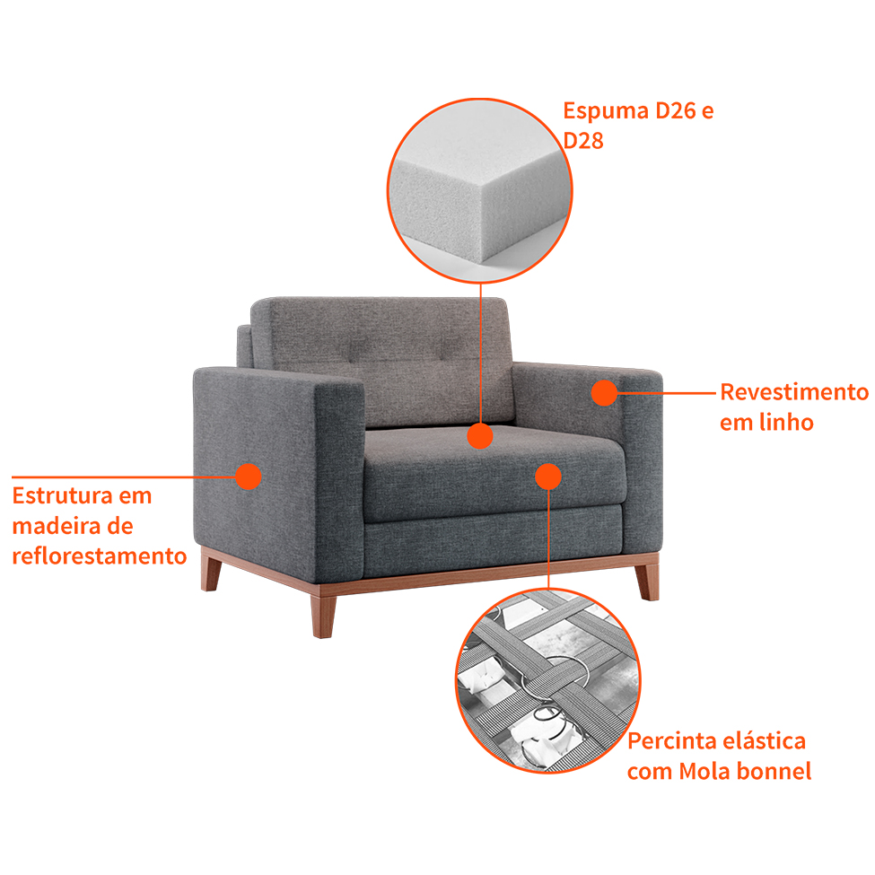 Poltrona Living Pés e Base em Madeira Linho Cotton Cinza