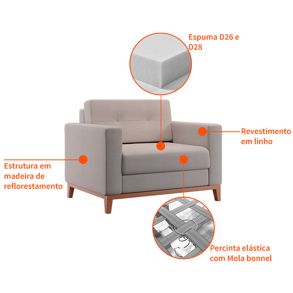 Poltrona Living Pés e Base em Madeira Linho Cotton Cru