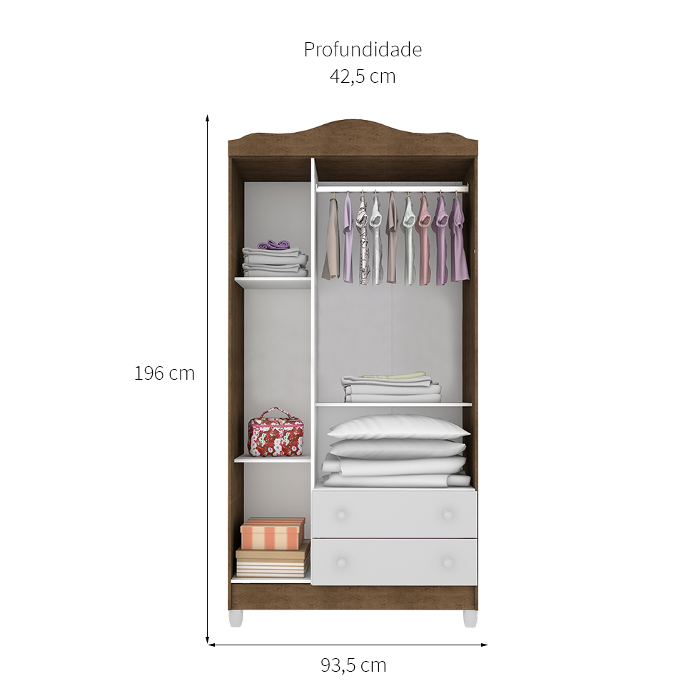 Quarto de Bebê Ariel II Berço Guarda-Roupa Cômoda Branco Colchão Baby D18 (10x70x130) Branco e Marrom Infantil
