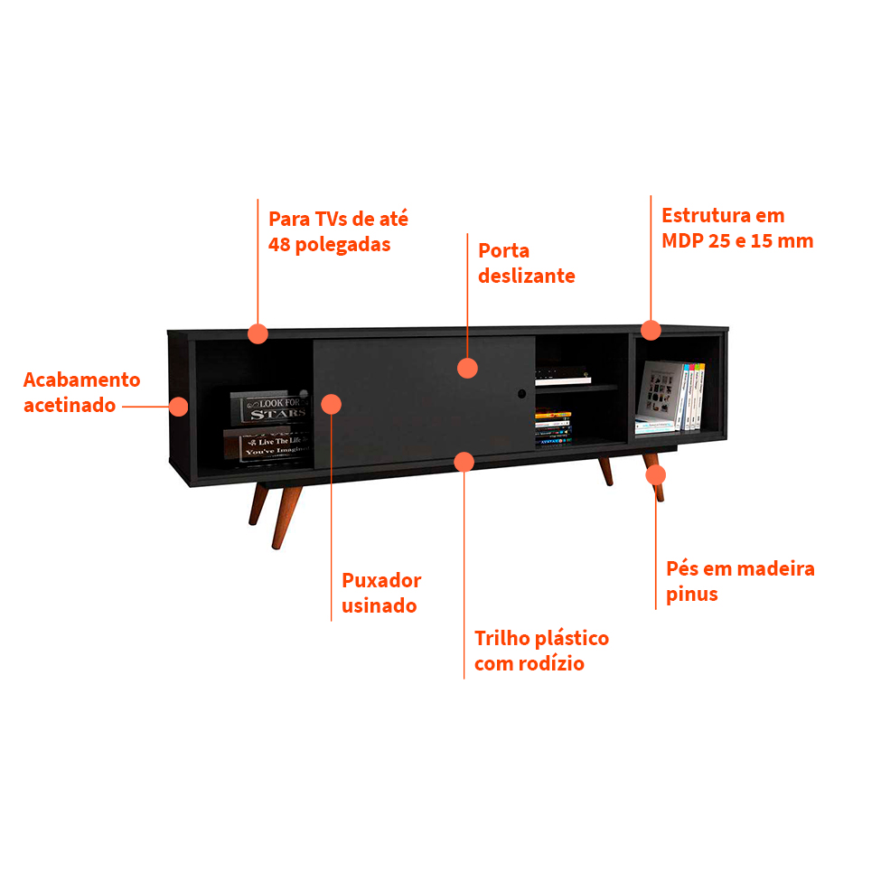 Rack Retrô Weimar Preto 162 cm