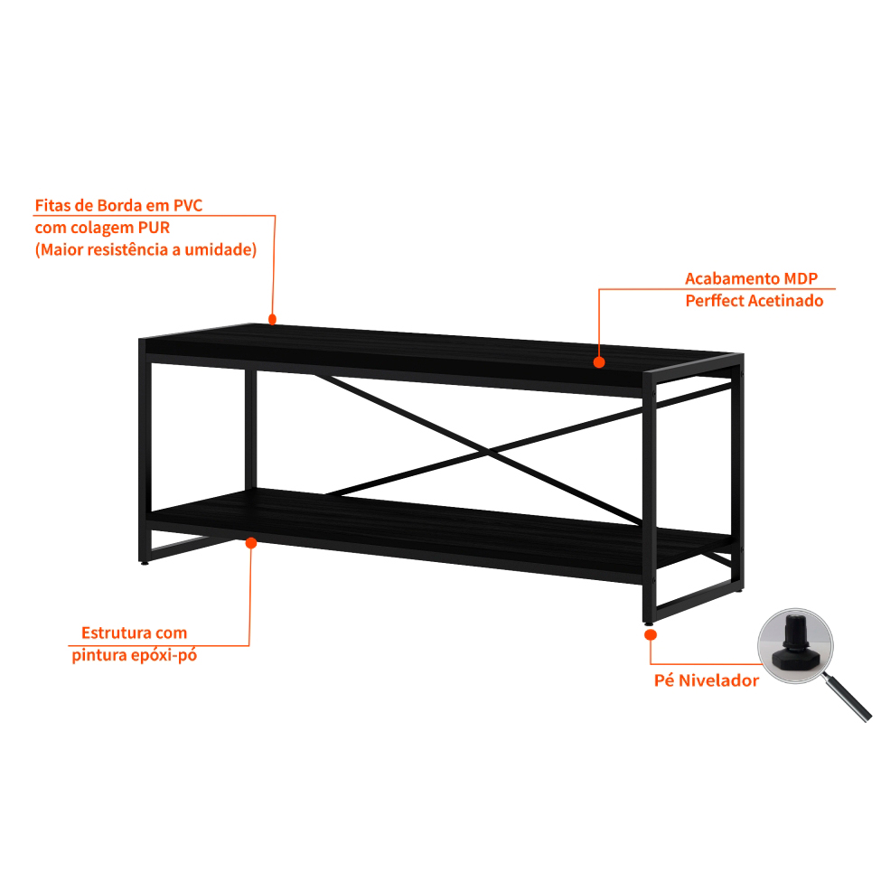 Rack Wooden Ônix e Preto 120 cm