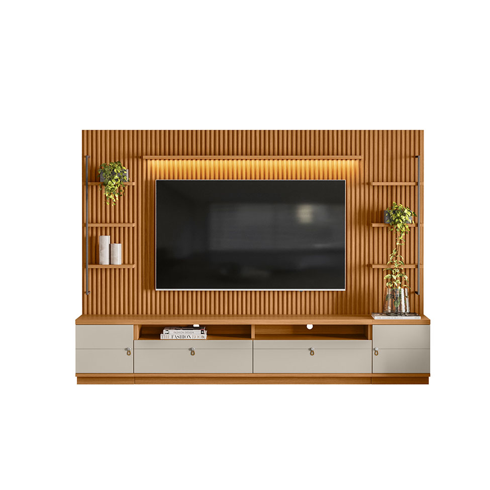 Rack com Painel para TV até 75 Polegadas Ouro Preto 2 PT 2 GV Nature e Off White