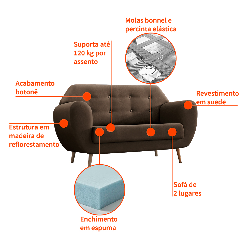 Sofá 2 Lugares Beegees Suede Marrom