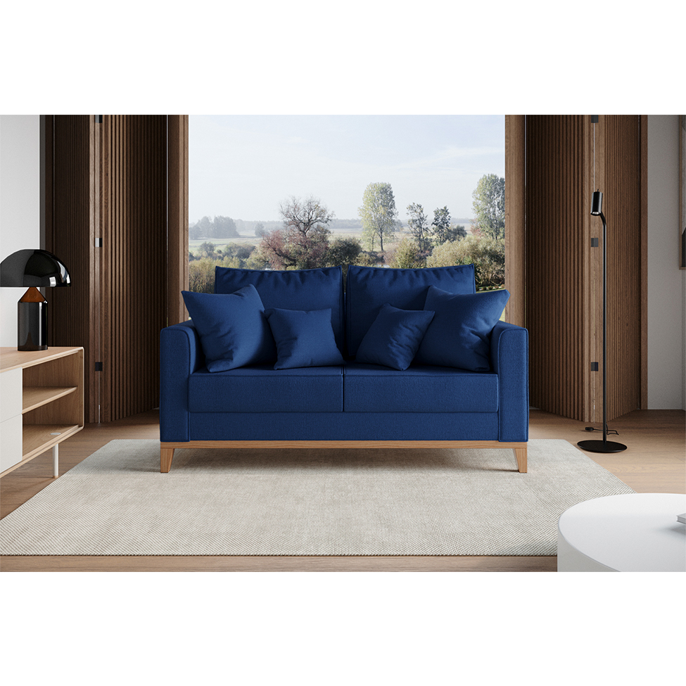 Sofá 2 Lugares Beny Base de Madeira Linho Cotton Azul Marinho