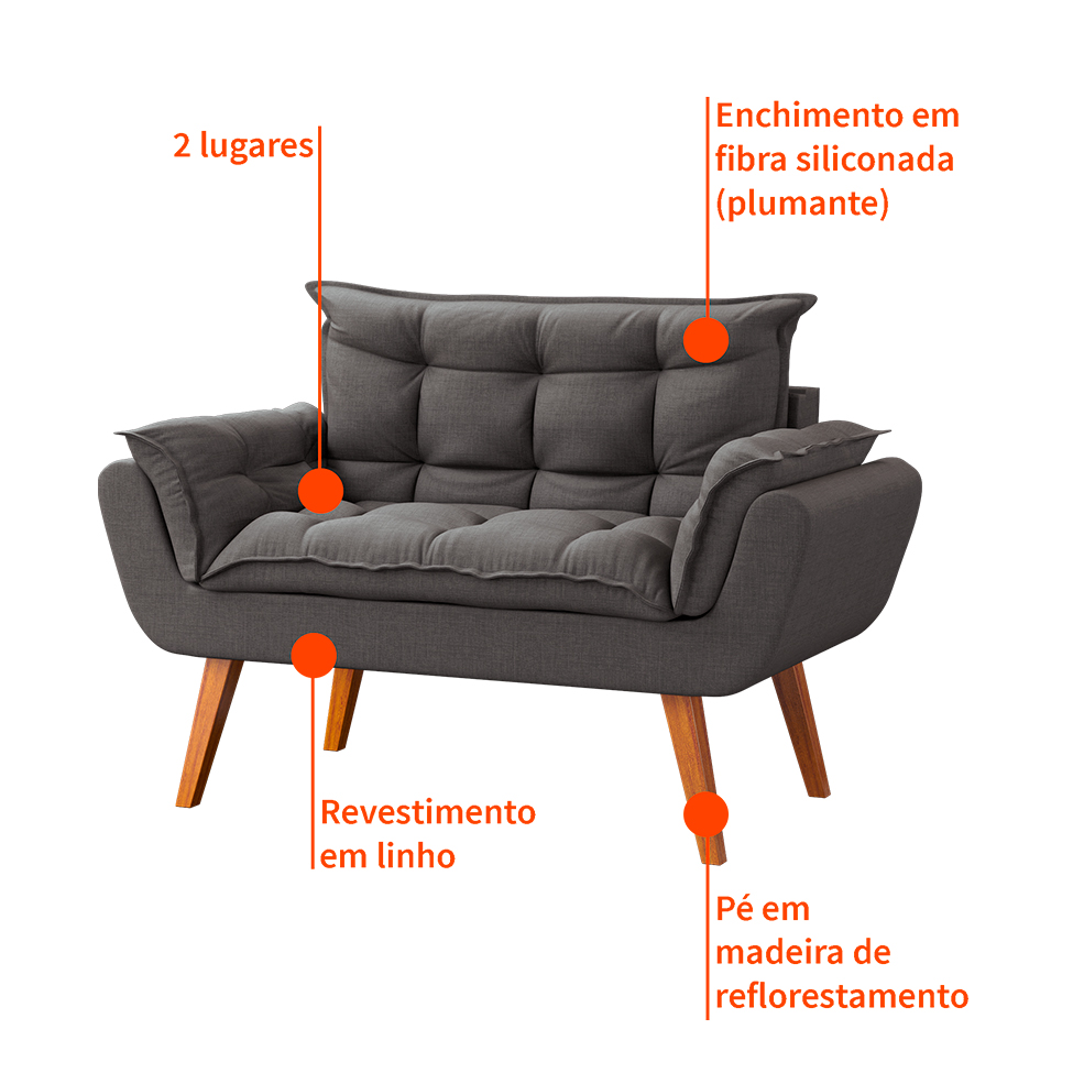 Sofá 2 Lugares Dock Linho Cinza