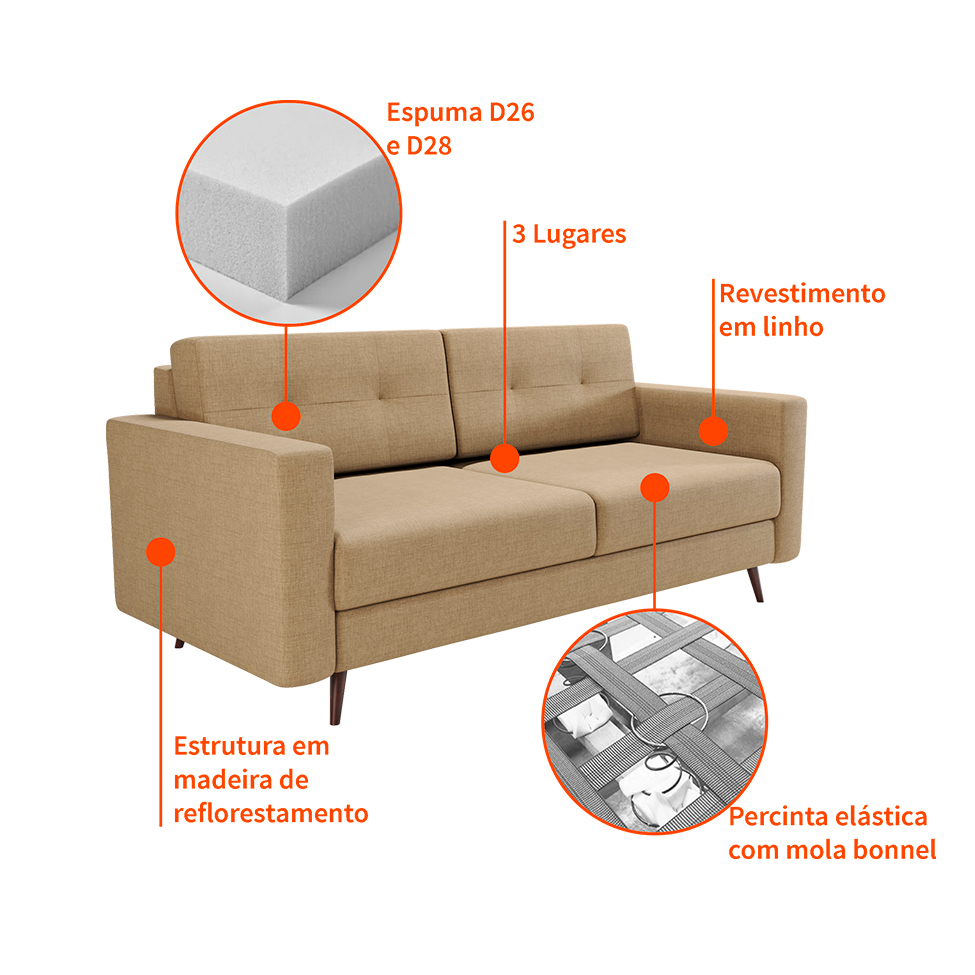 Sofá 2 Lugares Living Pé Palito Linho Cotton Bege