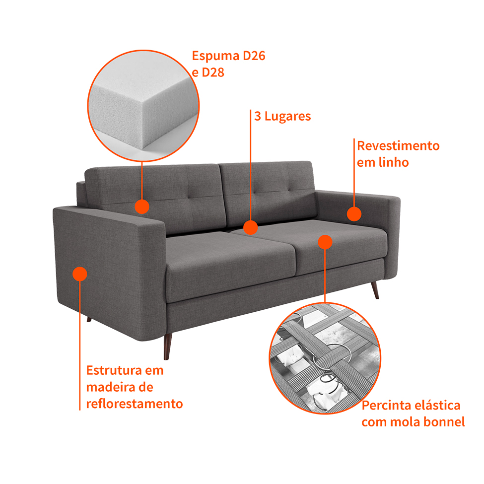 Sofá 2 Lugares Living Pé Palito Linho Cotton Cinza