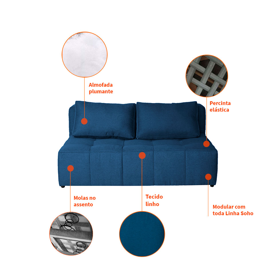 Sofá 2 Lugares Modular Soho Linho Azul Marinho