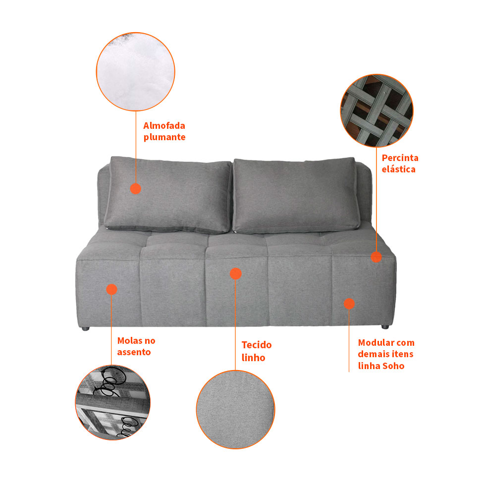 Sofá 2 Lugares Modular Soho Linho Cinza