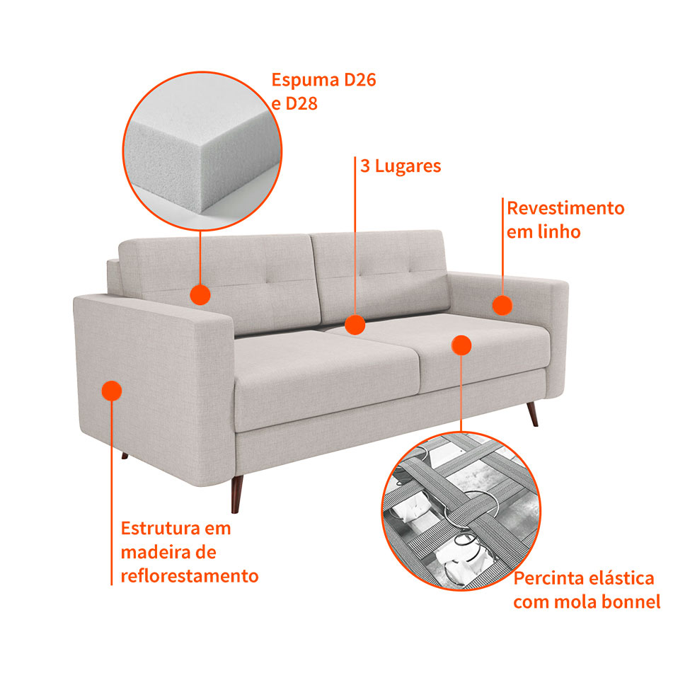Sofá 2 Lugares Pé Palito Living Linho Cotton Cru