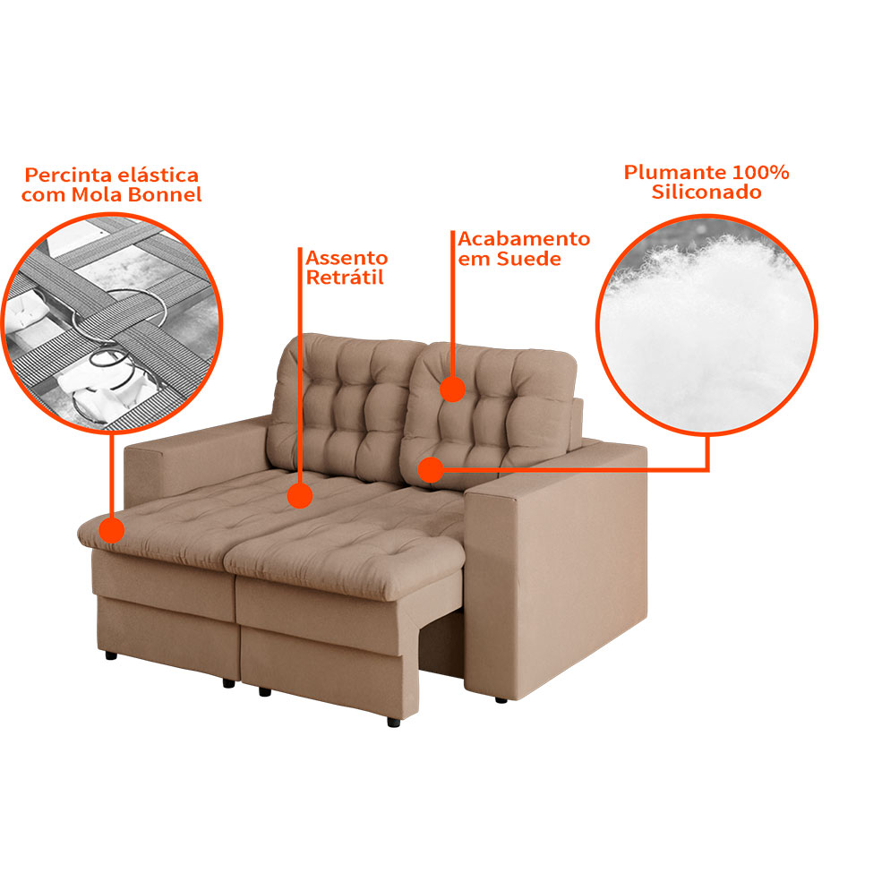 Sofá 2 Lugares Retrátil Lubeck Plush Suede Bege 140 cm