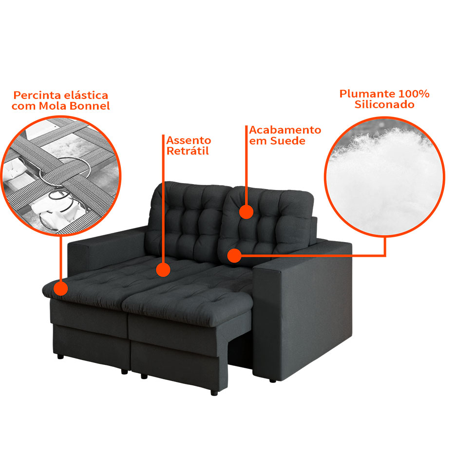 Sofá 2 Lugares Retrátil Lubeck Plush Suede Grafite 140 cm