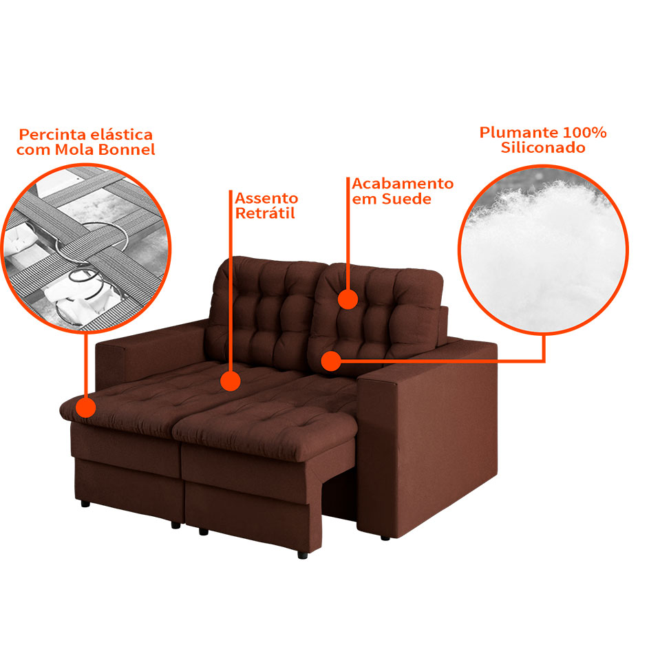 Sofá 2 Lugares Retrátil Lubeck Plush Suede Marrom 140 cm