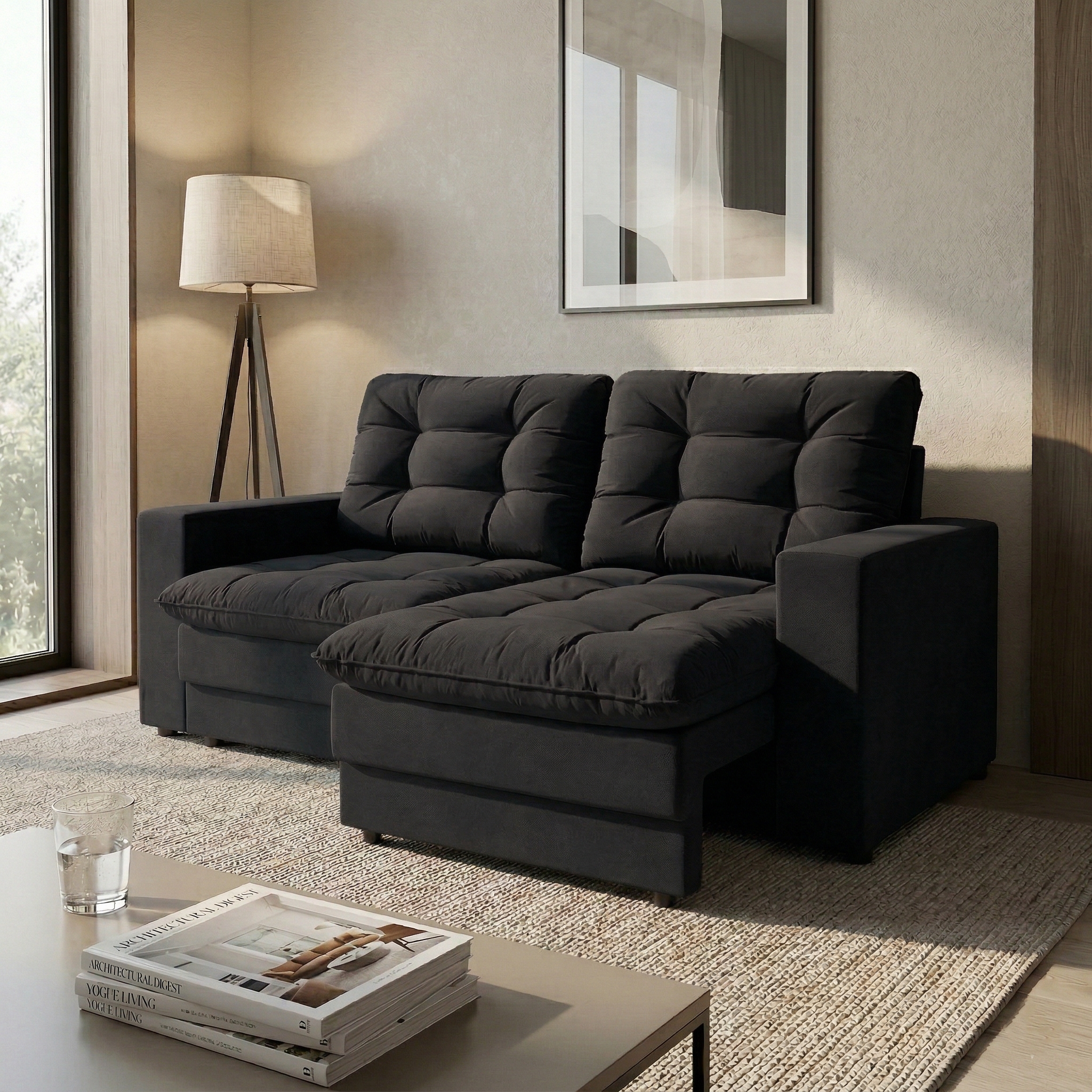 Sofá 2 Lugares Retrátil Lubeck Plush Suede Preto 140 cm