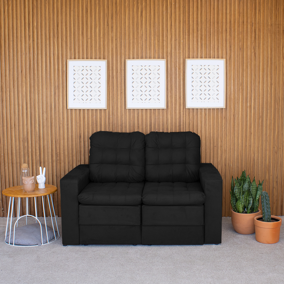 Sofá 2 Lugares Retrátil Lubeck Plush Suede Preto 140 cm