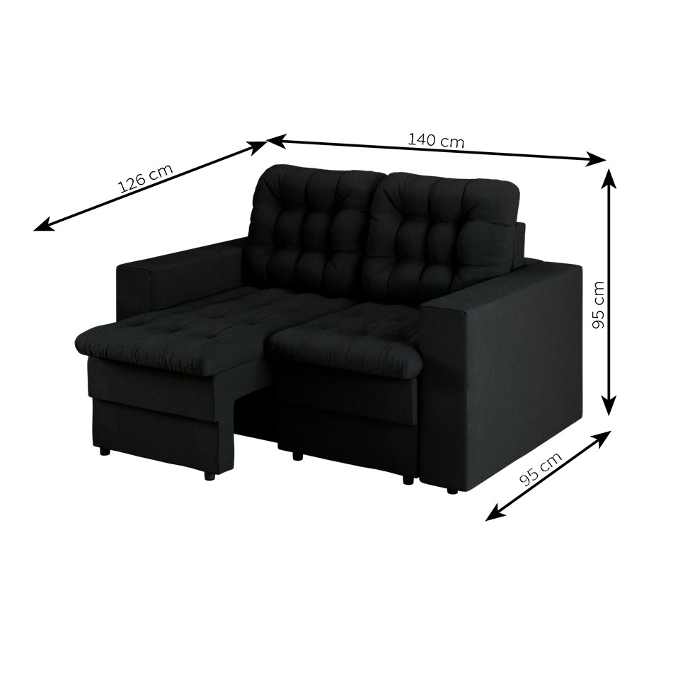 Sofá 2 Lugares Retrátil Lubeck Plush Suede Preto 140 cm