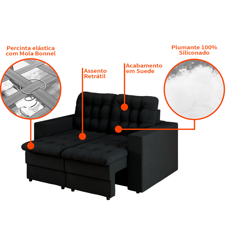 Sofá 2 Lugares Retrátil Lubeck Plush Suede Preto 140 cm