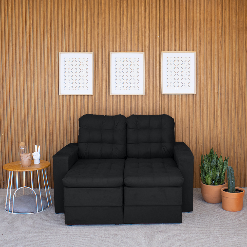 Sofá 2 Lugares Retrátil Lubeck Plush Suede Preto 140 cm