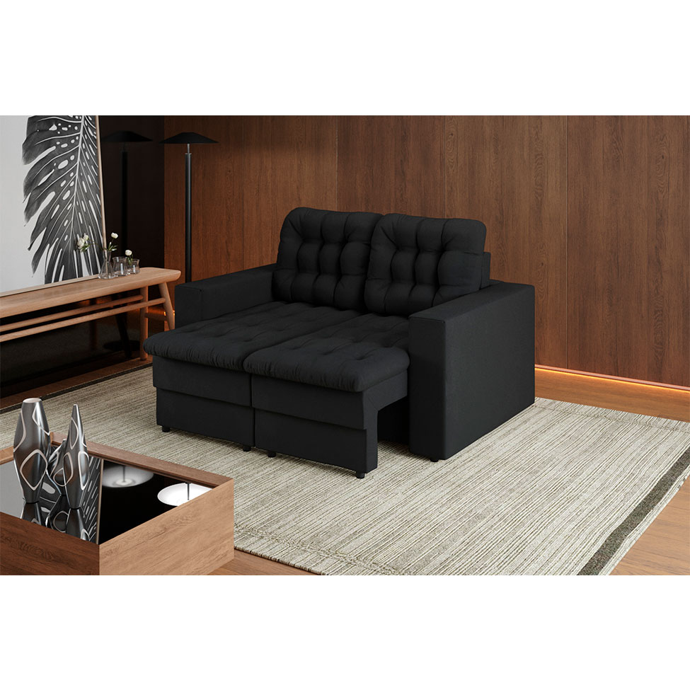 Sofá 2 Lugares Retrátil Lubeck Plush Suede Preto 140 cm