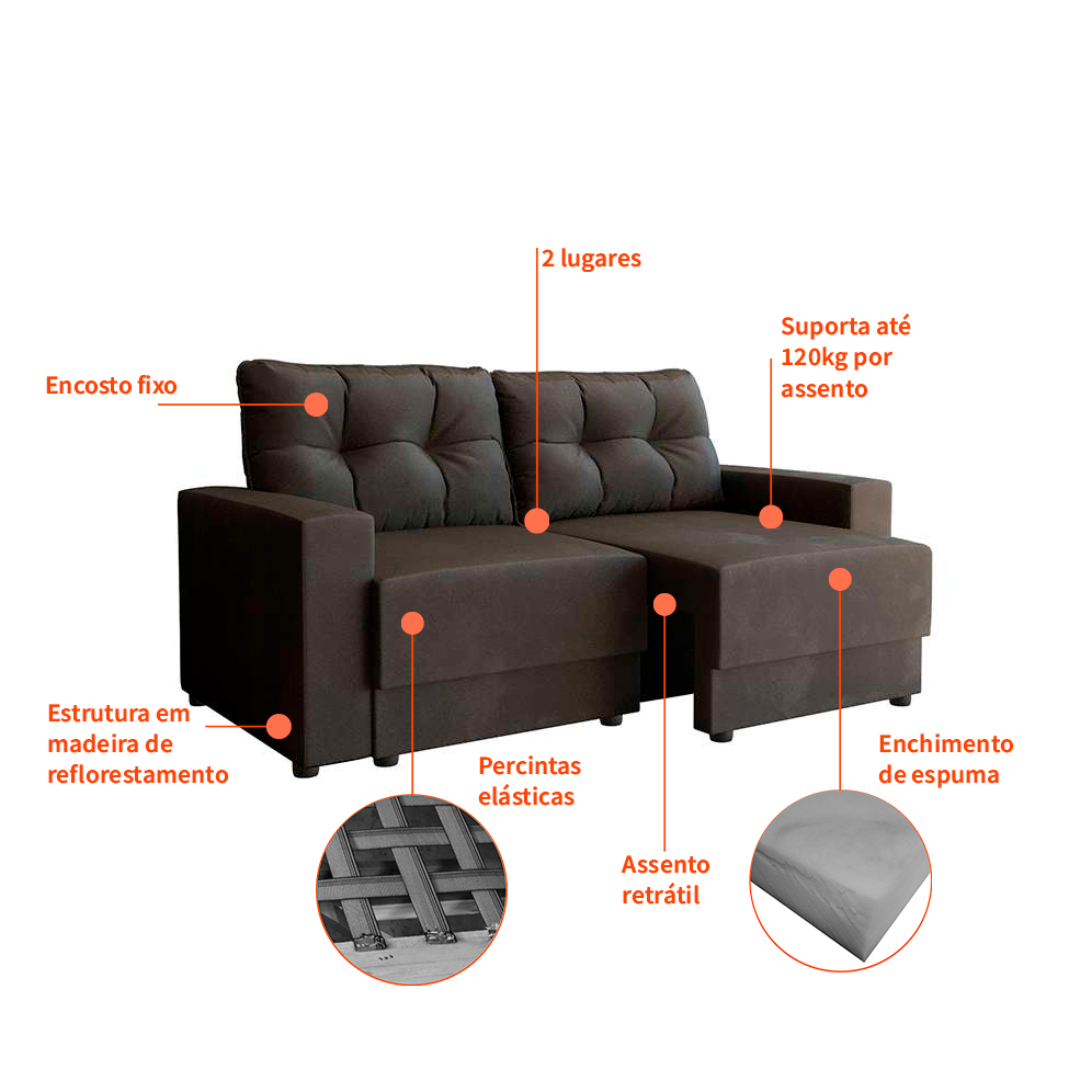 Sofá 2 Lugares Retrátil Lubeck Suede Grafite 140 cm