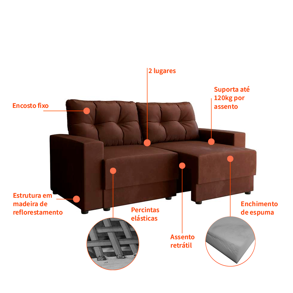 Sofá 2 Lugares Retrátil Lubeck Suede Marrom 140 cm