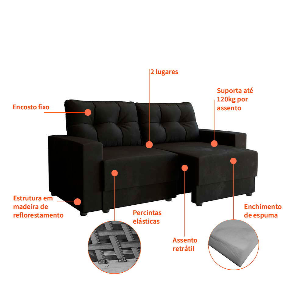 Sofá 2 Lugares Retrátil Lubeck Suede Preto 140 cm