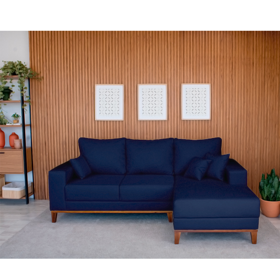 Sofá 3 Lugares Belgrado com Chaise Direito Linho Azul Marinho 230 cm