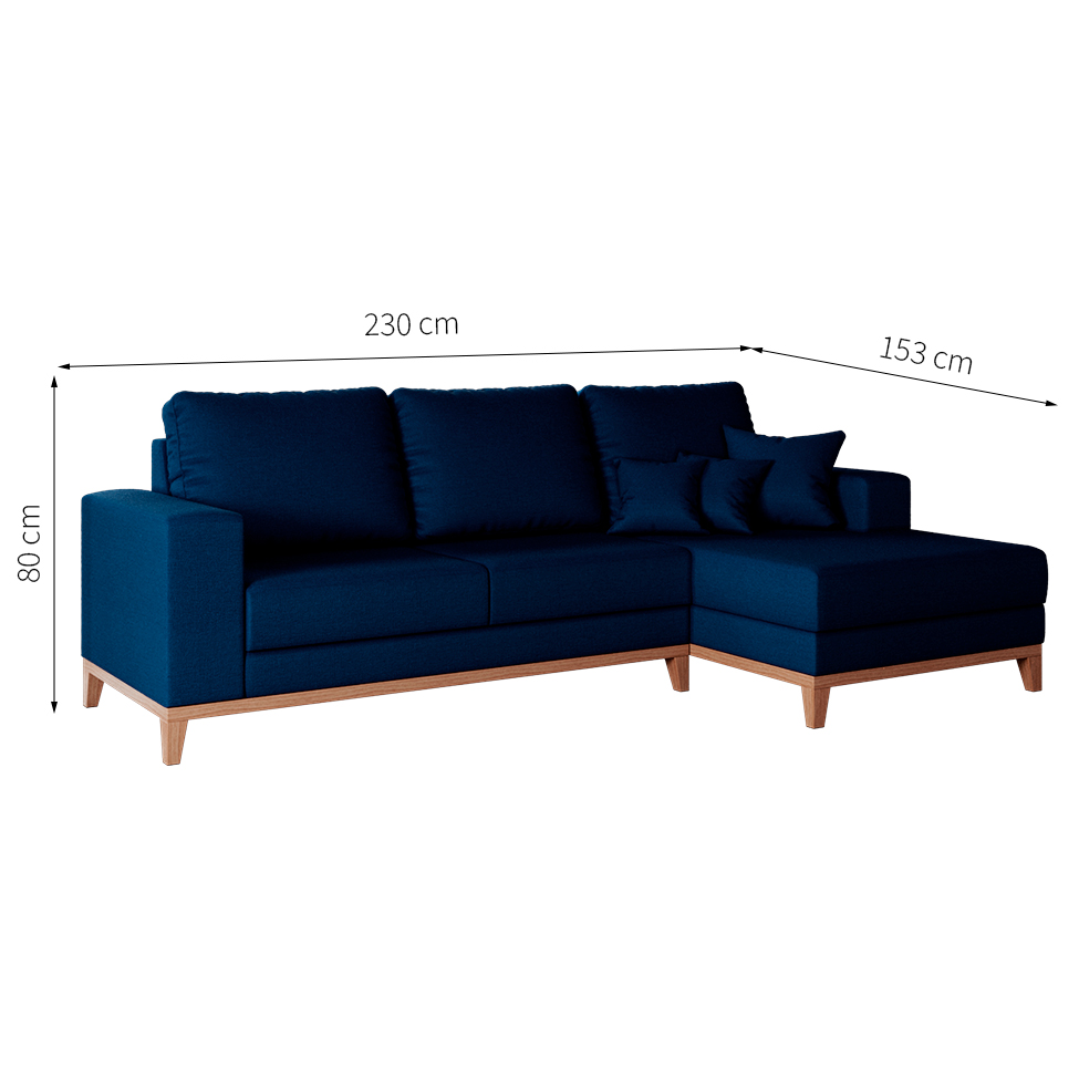 Sofá 3 Lugares Belgrado com Chaise Direito Linho Azul Marinho 230 cm