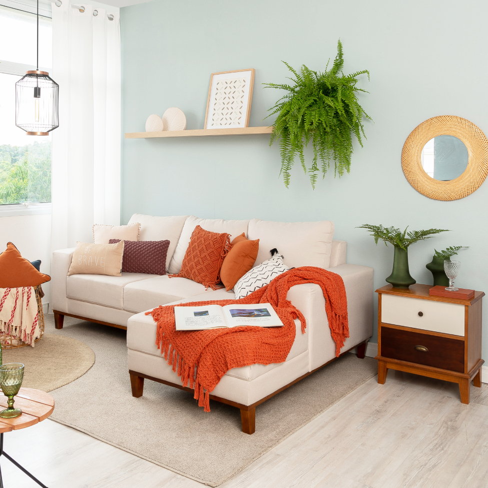 Sofá 3 Lugares Belgrado com Chaise Direito Linho Cru 230 cm