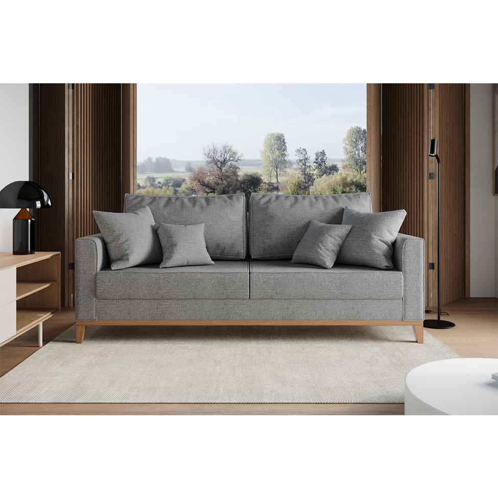 Sofá 3 Lugares Beny Base de Madeira Linho Cotton Cinza