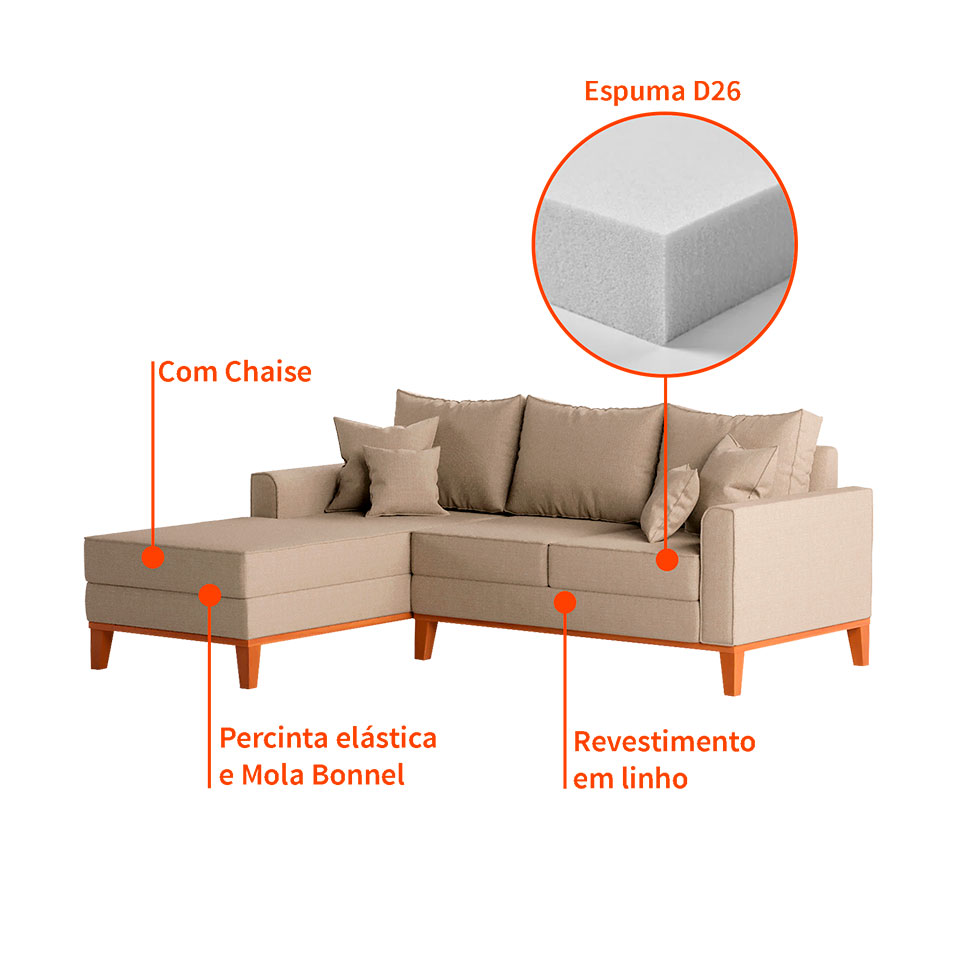 Sofá 3 Lugares Beny Com Chaise Esquerdo Linho Bege