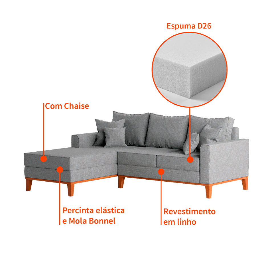 Sofá 3 Lugares Beny Com Chaise Esquerdo Linho Cinza