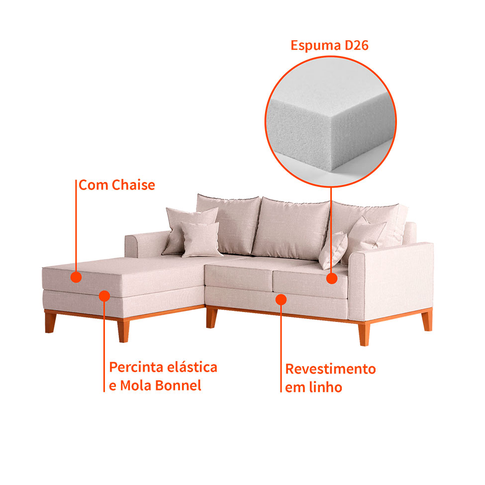 Sofá 3 Lugares Beny Com Chaise Esquerdo Linho Cru