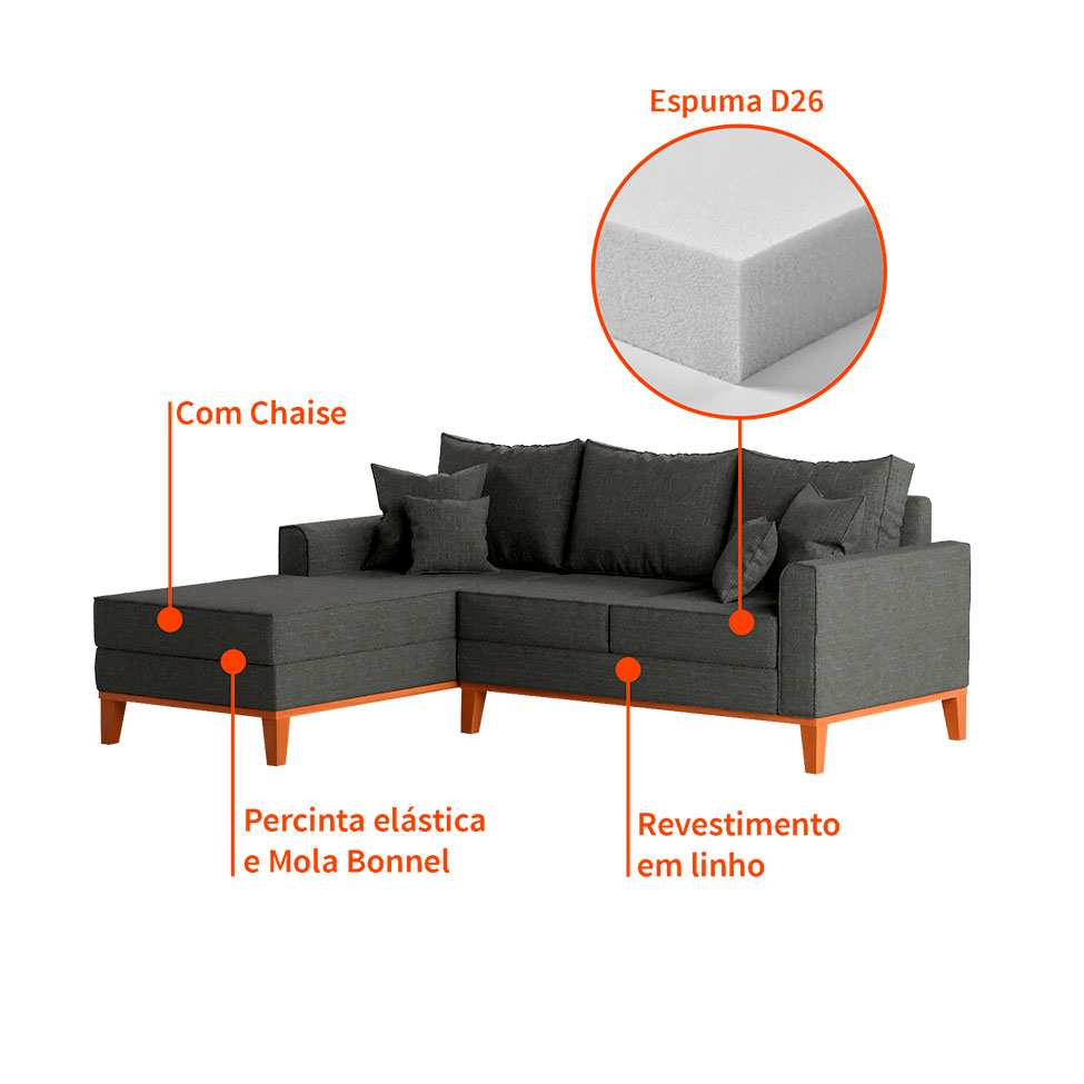 Sofá 3 Lugares Beny Com Chaise Esquerdo Linho Grafite