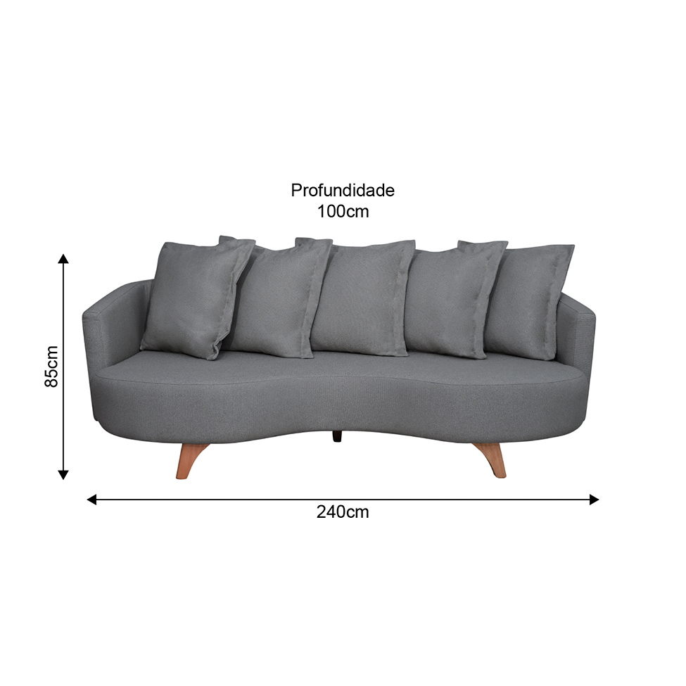 Sofá 3 Lugares Capri Veludo Cinza 240 cm
