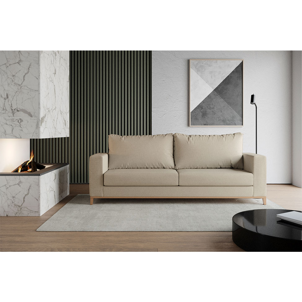 Sofá 3 Lugares Davos Base de Madeira Linho Cotton Bege