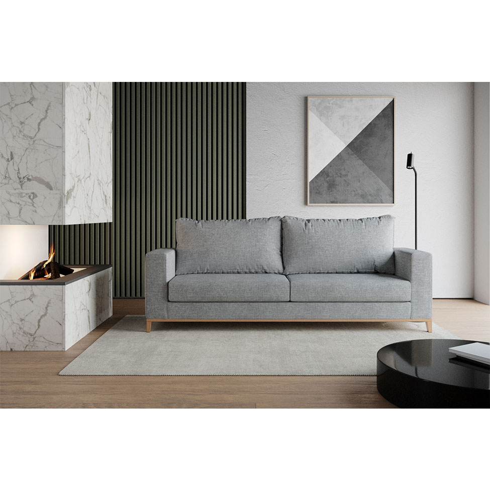 Sofá 3 Lugares Davos Base de Madeira Linho Cotton Cinza