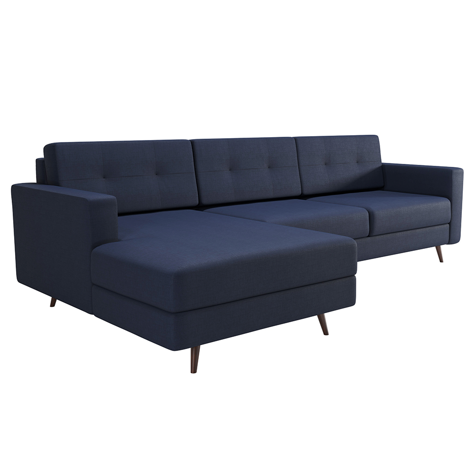 Sofá 3 Lugares Esquerdo Living com Chaise Esquerdo Pé Palito Linho Cotton Azul Marinho