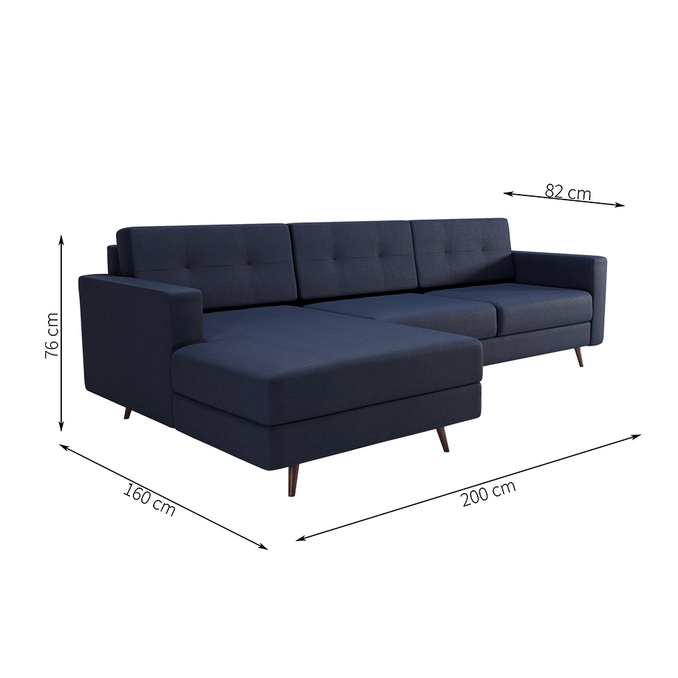 Sofá 3 Lugares Esquerdo Living com Chaise Esquerdo Pé Palito Linho Cotton Azul Marinho