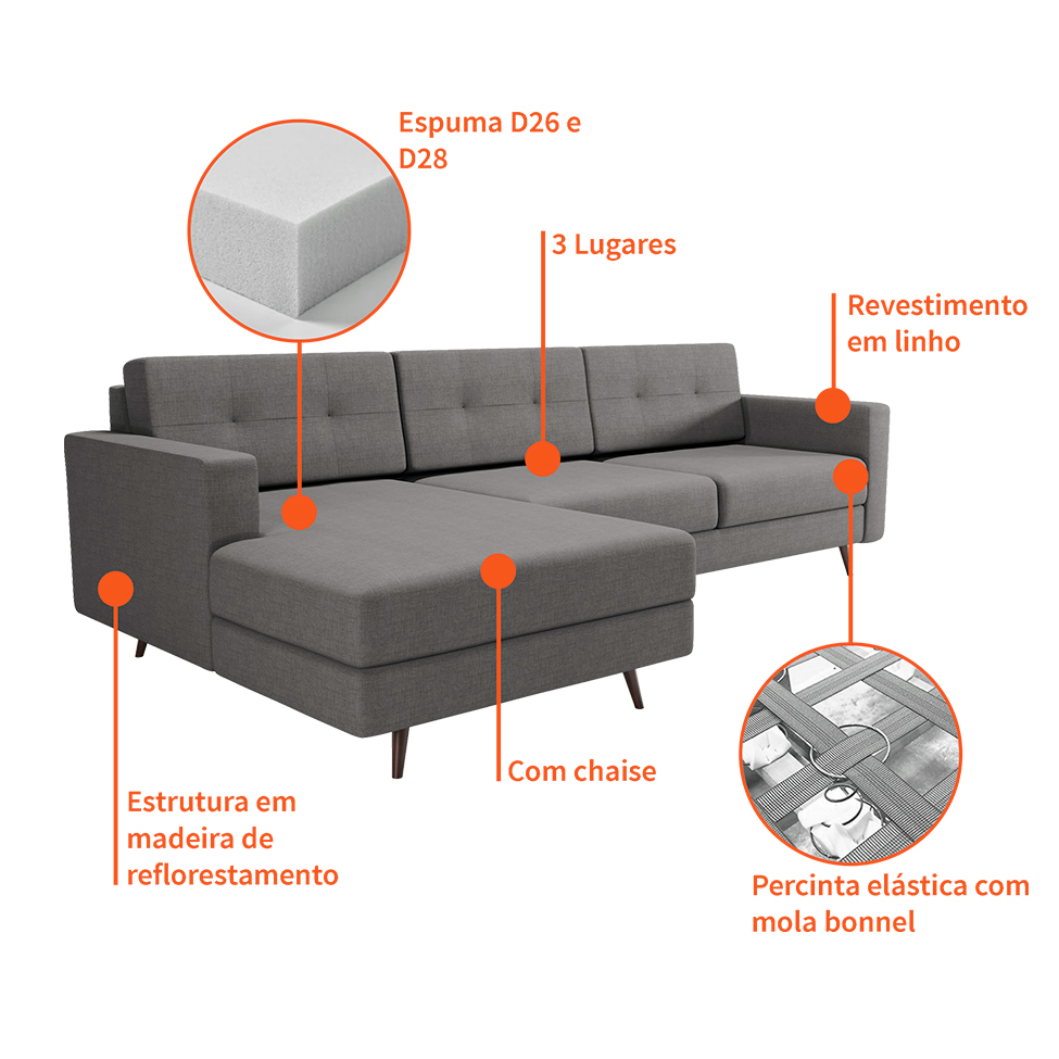 Sofá 3 Lugares Esquerdo Living com Chaise Esquerdo Pé Palito Linho Cotton Cinza