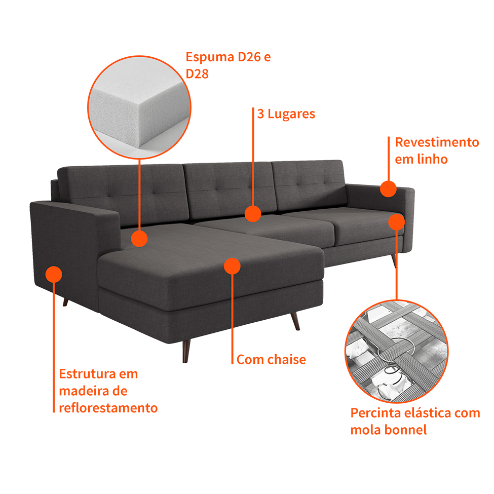 Sofá 3 Lugares Esquerdo Living com Chaise Esquerdo Pé Palito Linho Cotton Grafite Escuro