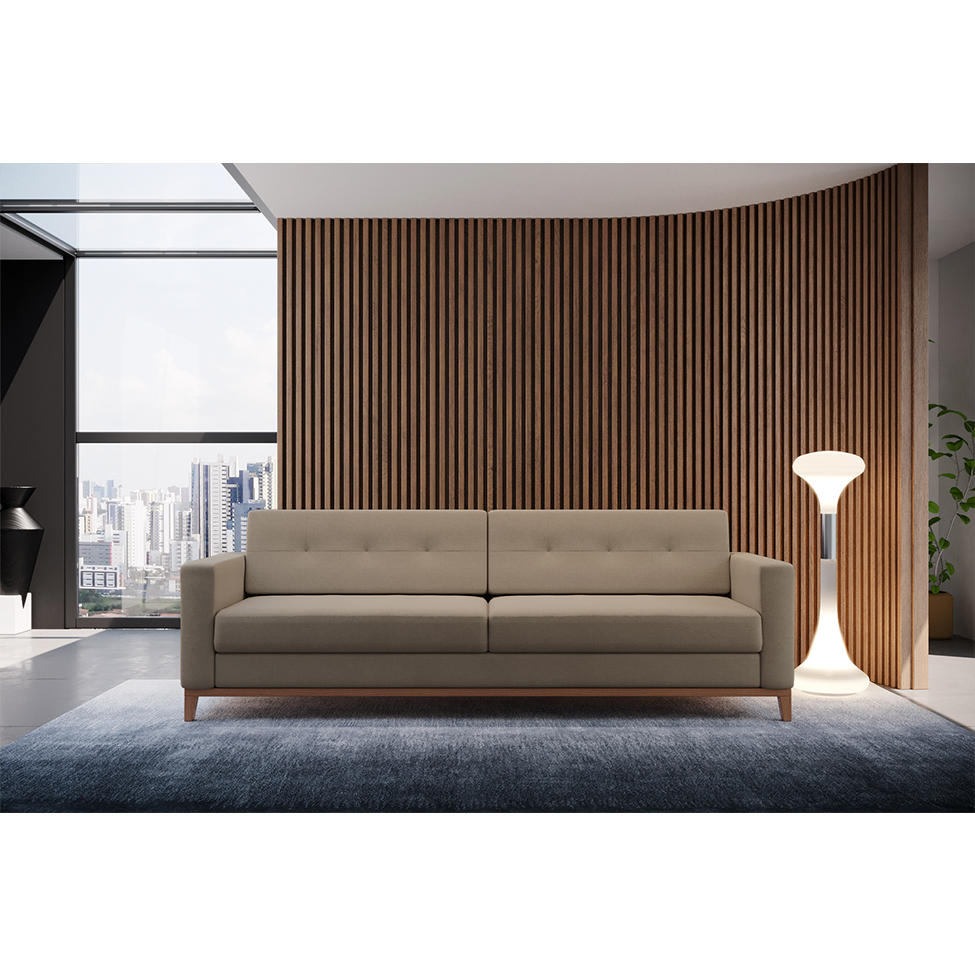 Sofá 3 Lugares Living Base de Madeira Linho Cotton Bege 210 cm