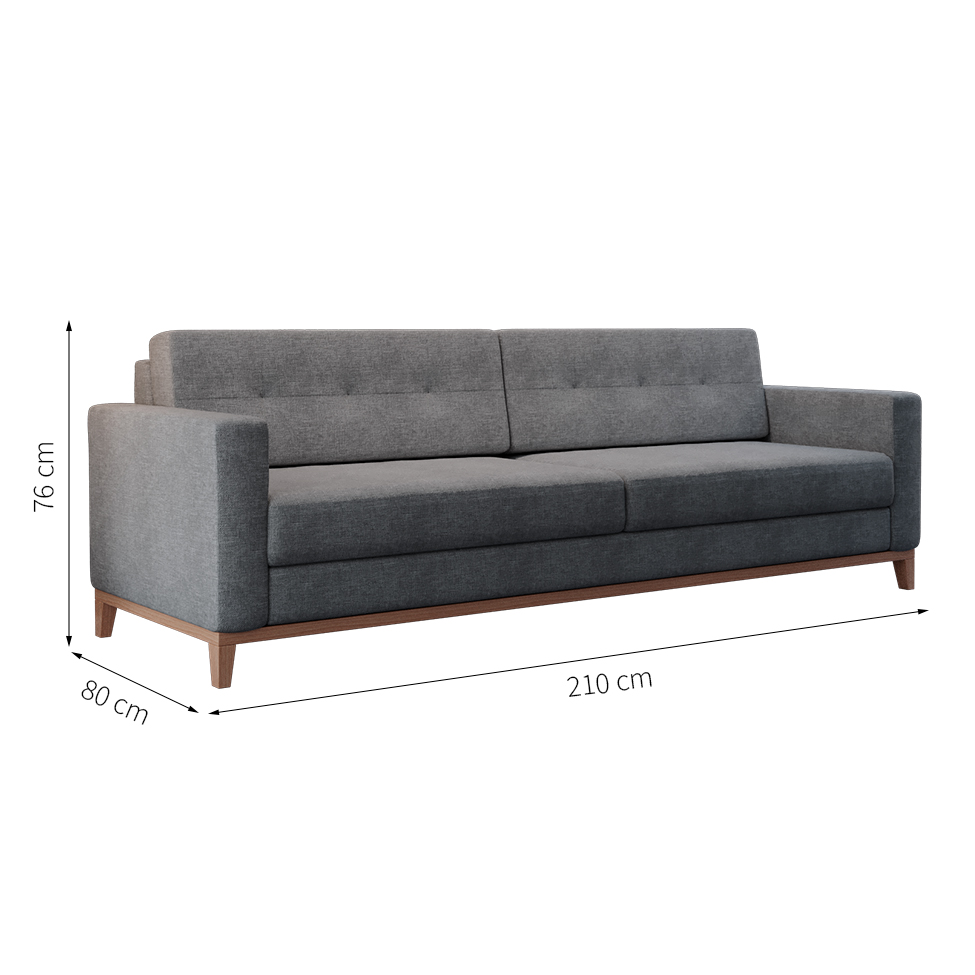 Sofá 3 Lugares Living Base de Madeira Linho Cotton Cinza 210 cm