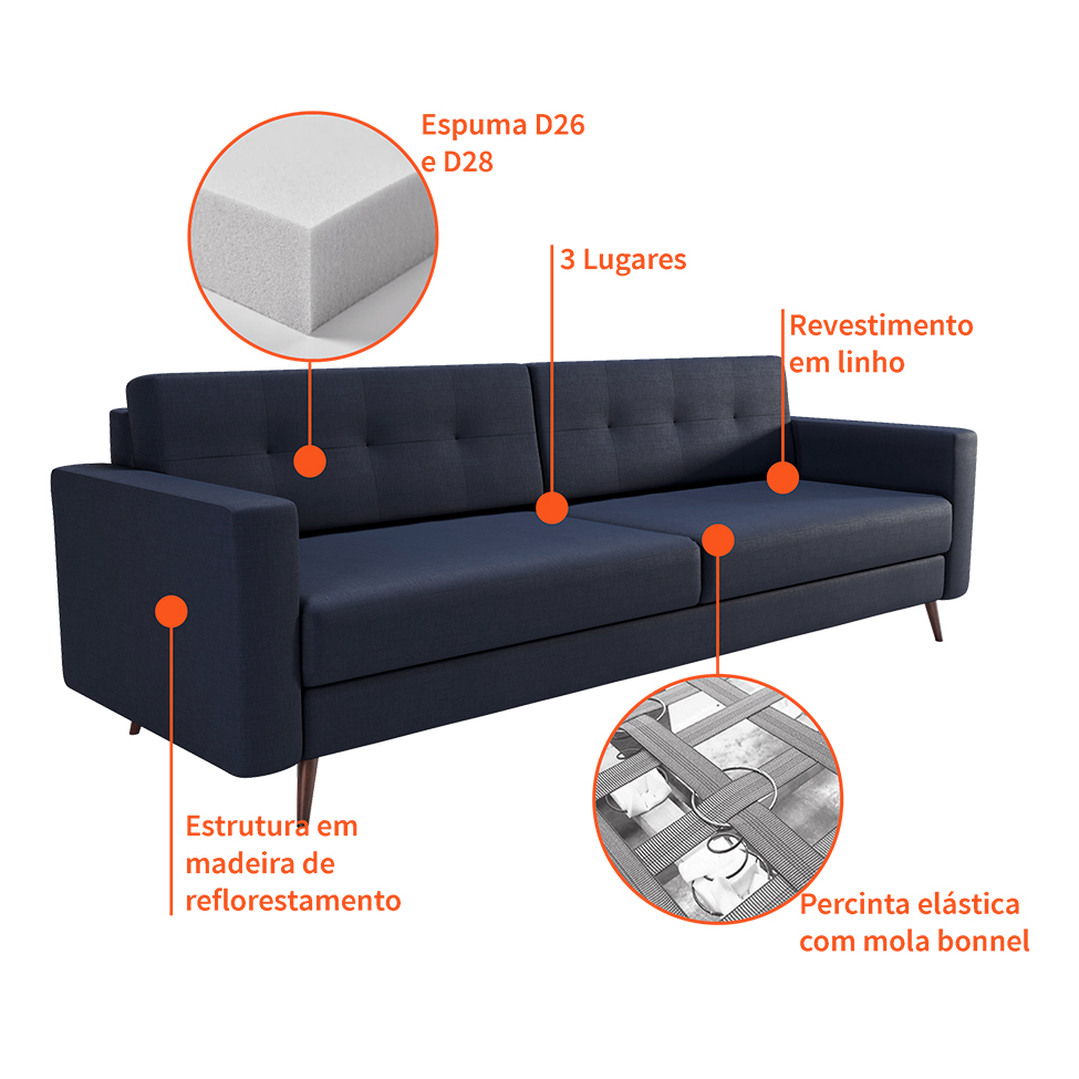 Sofá 3 Lugares Living Pé Palito Linho Cotton Azul Marinho 210 cm